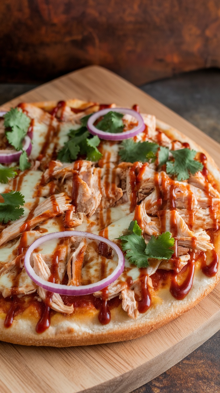 Savory Grilled BBQ Chicken Pizza Recipe Grilled BBQ chicken pizza with a crispy crust, topped with barbecue sauce, chicken, cheese, and garnished with cilantro and red onions.